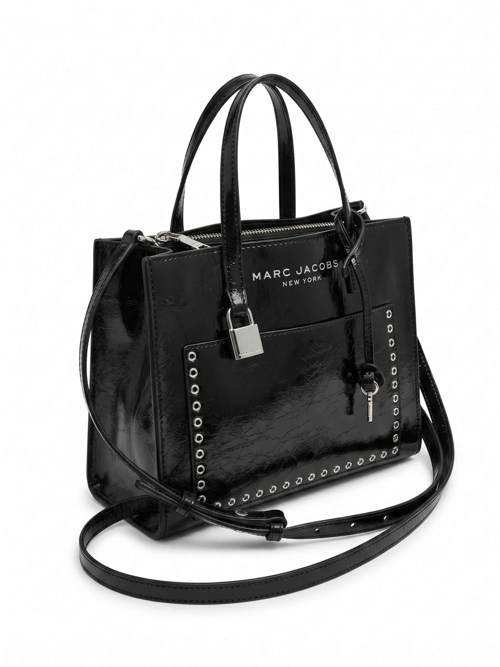 Marc Jacobs Shiny Crinkle Leather Mini Tote Crossbody Padlock Black NWOT